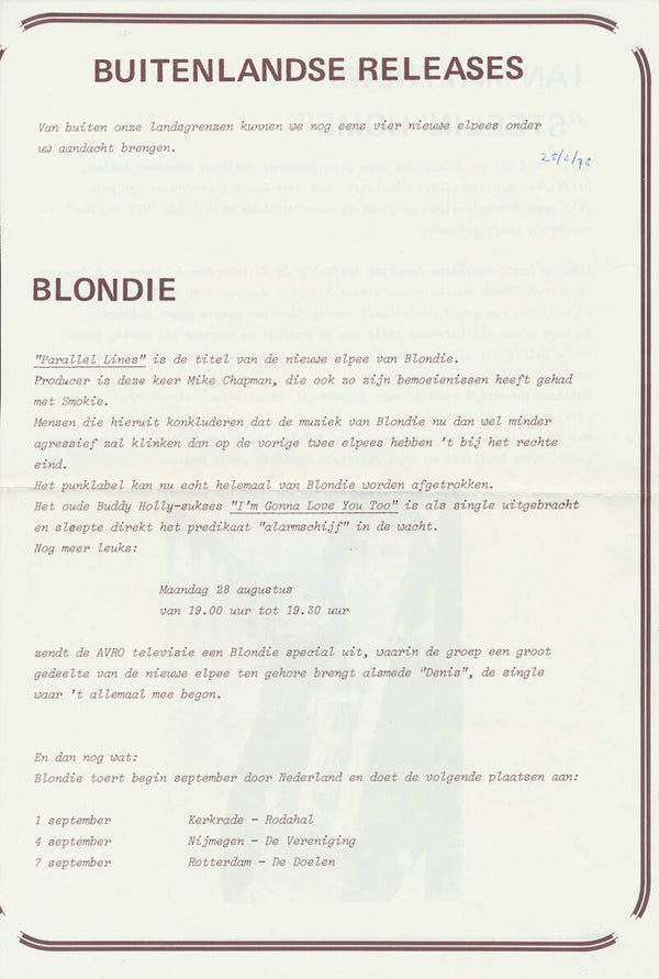Blondie - Parallel Lines - February 2, 1978 [Holland] - Press Kit