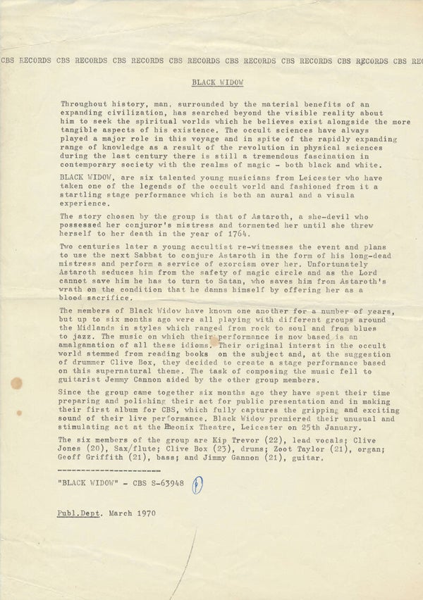 Black Widow - March 1970 [UK] - Press Release