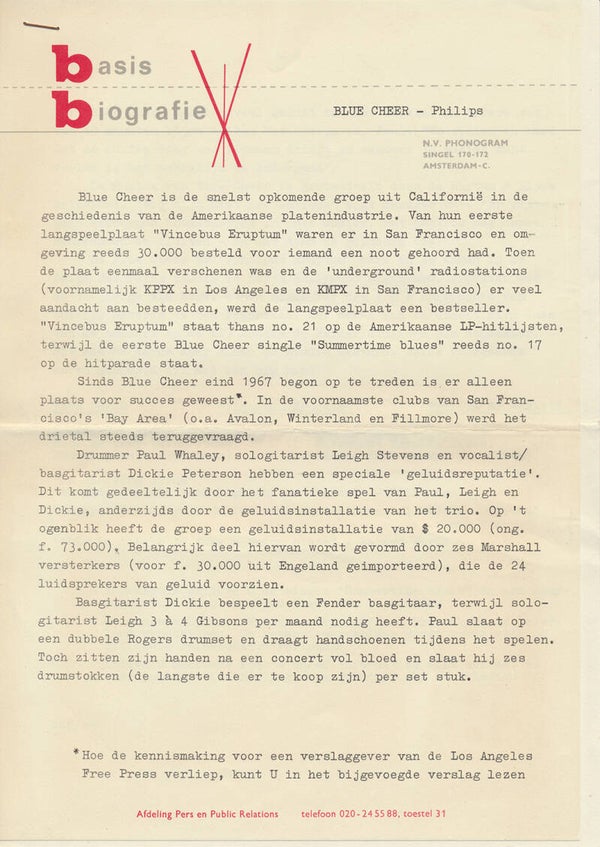 Blue Cheer - Basis Biografie - April 1968 [Holland] - Press Kit