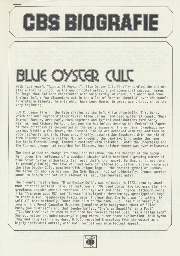 Blue Oyster Cult - CBS Biografie - 1977 [Holland] - Press Release