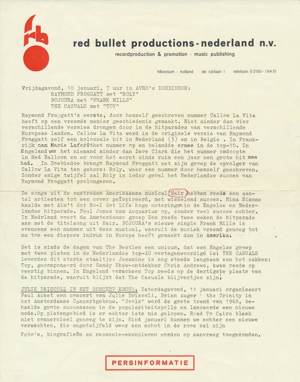 Raymond Froggatt - Bojoura - The Casuals - Julie Driscoll - January 1969 [Holland] - Press Release