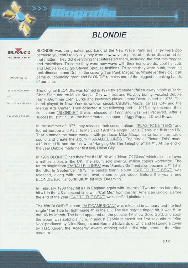 Blondie - No Exit - 1999 [Holland] - Press Release