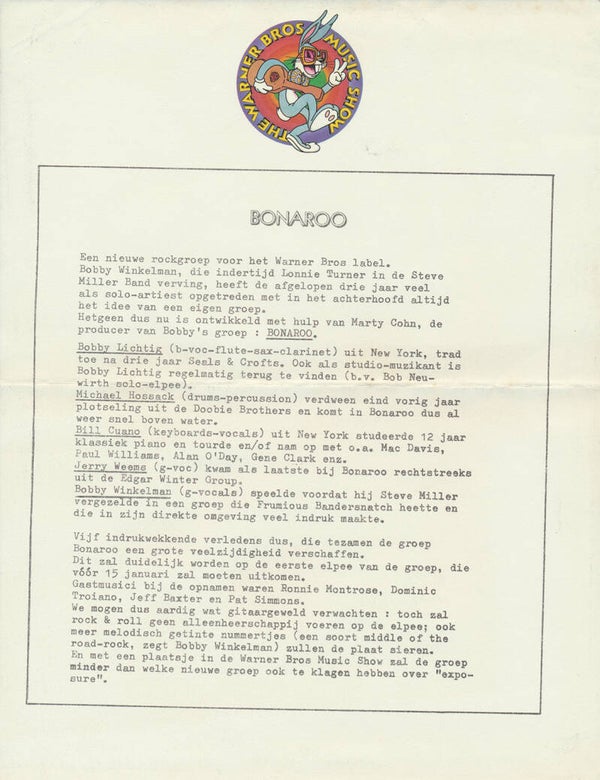 Bonaroo - 1975 [Holland] - Press Release