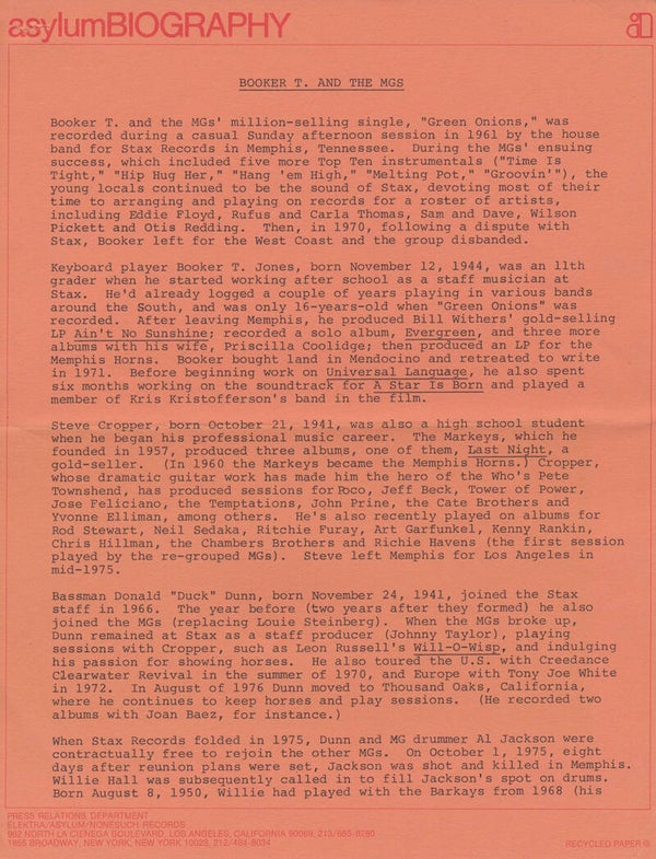 Booker T. and the MGs - Universal Language - 1977 [USA] - Press Release