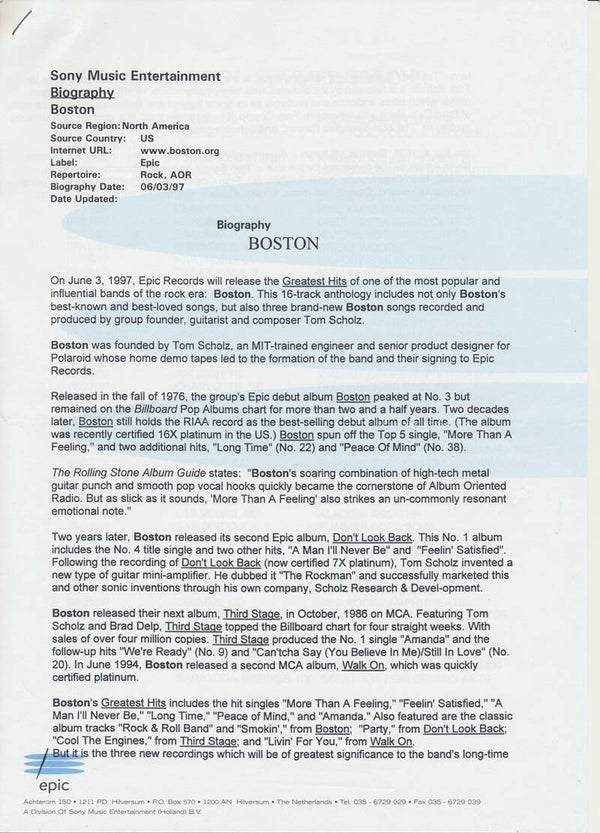 Boston - Biography - March 6, 1997 [Holland] - Press Release