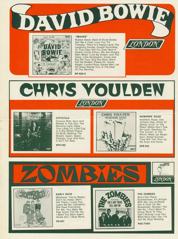 David Bowie - Chris Youlden - Zombies - Savoy Brown - January 1975 [UK] - Sales Sheet