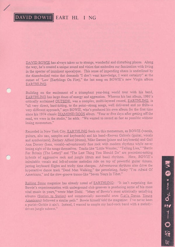 David Bowie - Earthling - January 1997 [Holland] - Press Release