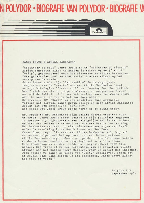 James Brown & Afrika Bambaataa - Biografie van Polydor - September 1984 [Holland] - Press Release