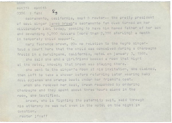 James Brown - September 8, 1969 [Holland] - Telex Message
