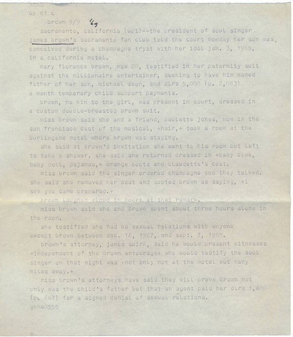 James Brown - September 9, 1969 [Holland] - Telex Message