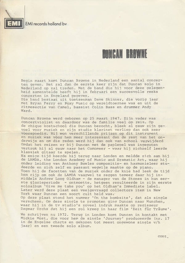 Duncan Browne - 1979 [Holland] - Press Release