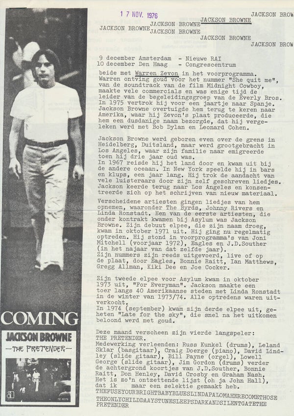 Jackson Browne - Led Zeppelin - November 17, 1976 [Holland] - Press Release