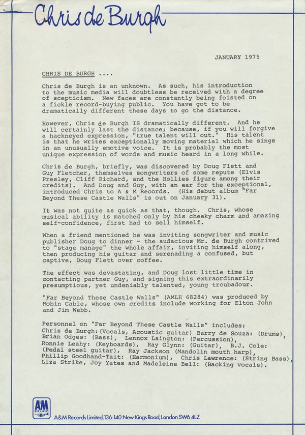 Chris de Burgh - January 1975 [UK] - Press Release