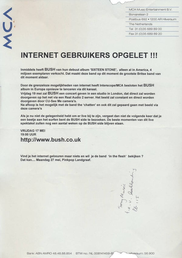 Bush - May 1996 [Holland] - Press Release