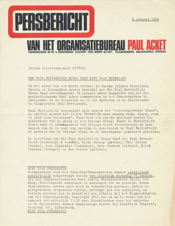Paul Butterfield Blues Band - Persbericht - January 6, 1969 [Holland] - Press Release