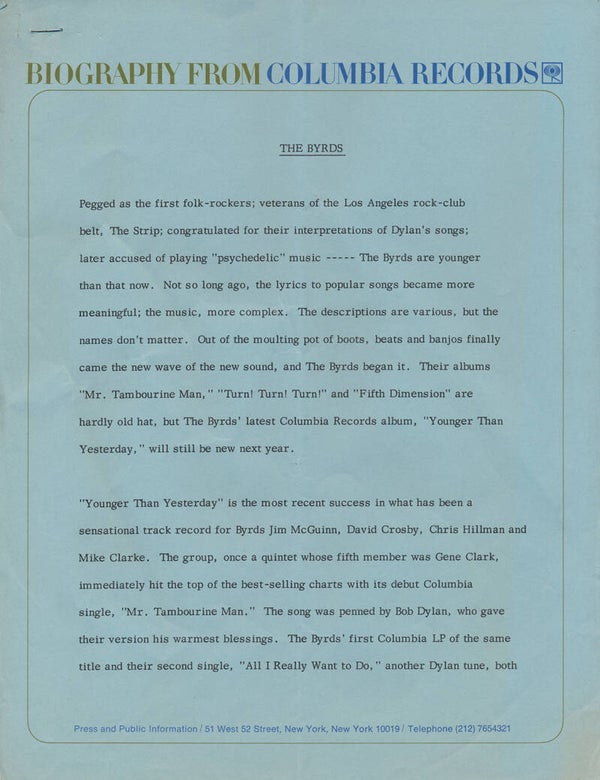 The Byrds - Biography From Columbia Records - April 1967 [USA] - Press Kit