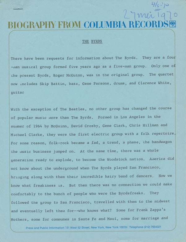 The Byrds - Biography From Columbia Records - May 27, 1970 [USA] - Press Kit