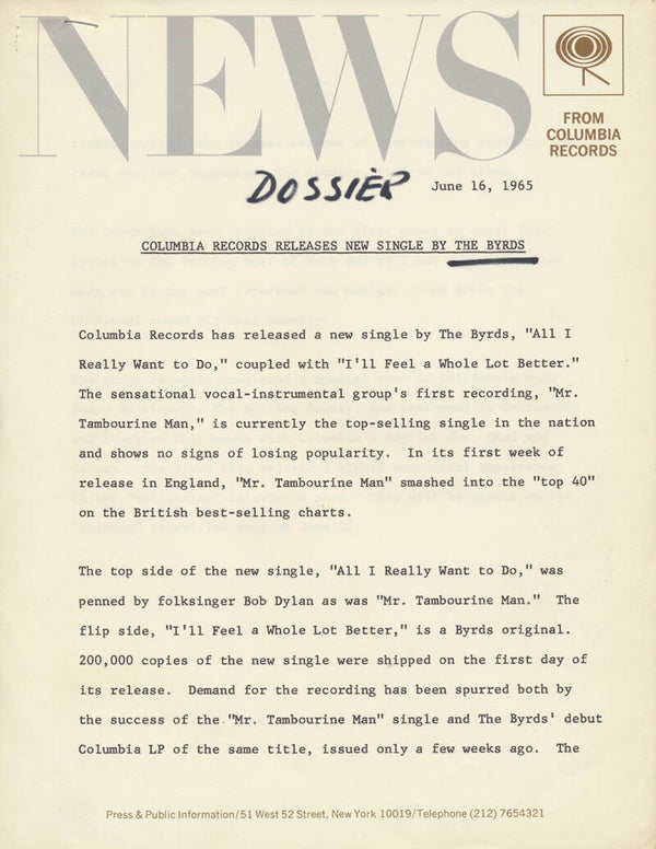 The Byrds - All I Really Want To Do - June 16, 1965 [USA] - Press Release