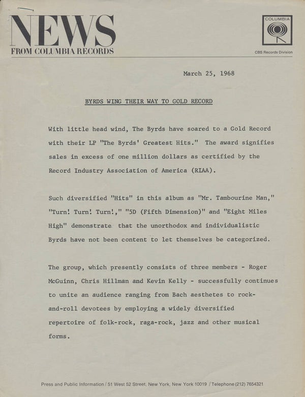 The Byrds - Byrds Wing Their Way To Gold Records - March 25, 1968 [USA] - Press Release