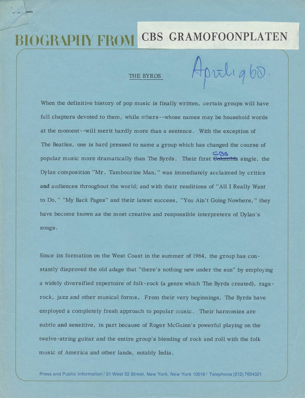 The Byrds - Biography From CBS Gramofoonplaten - April 1968 [Holland] - Press Release
