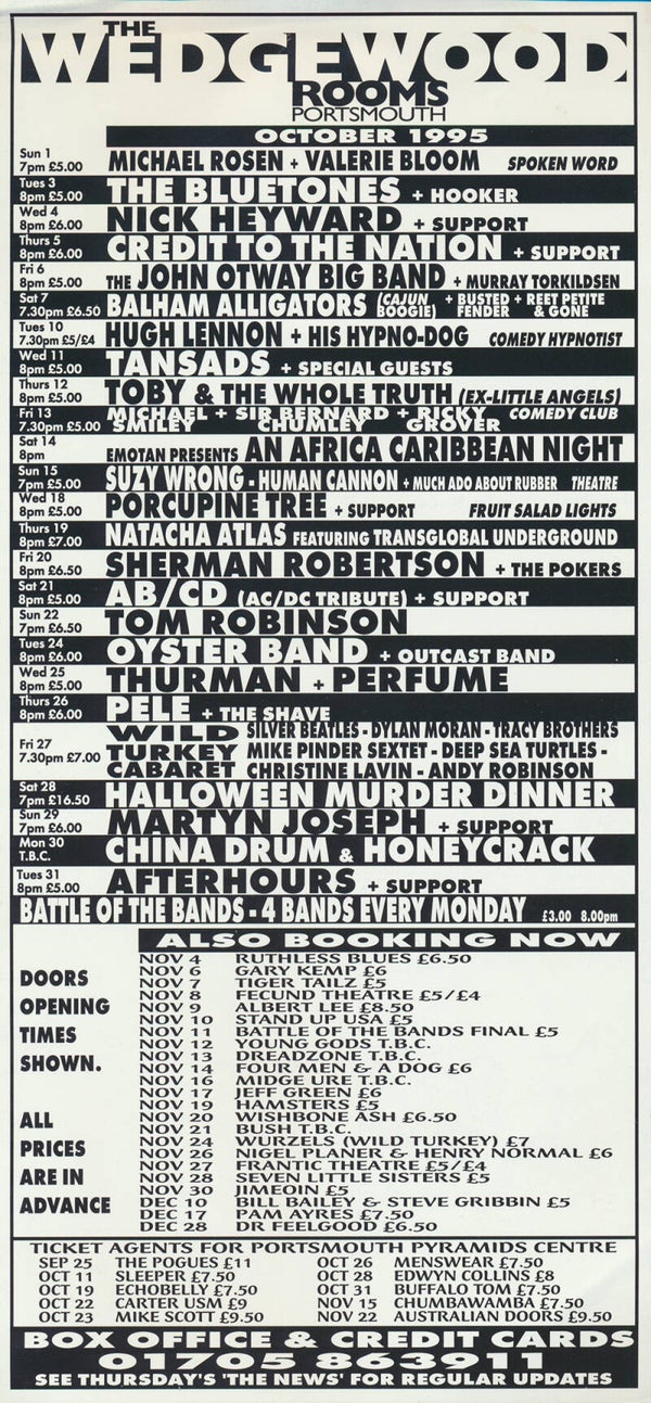 Porcupine Tree - The Wedgewood Rooms, Portsmouth - October 1995 [UK] - Handbill