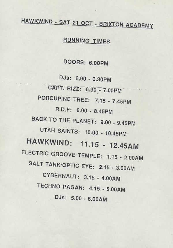 Porcupine Tree- Hawkwind - Brixton Academy, London, October 21, 1995 [UK] - Stage Times Schedule