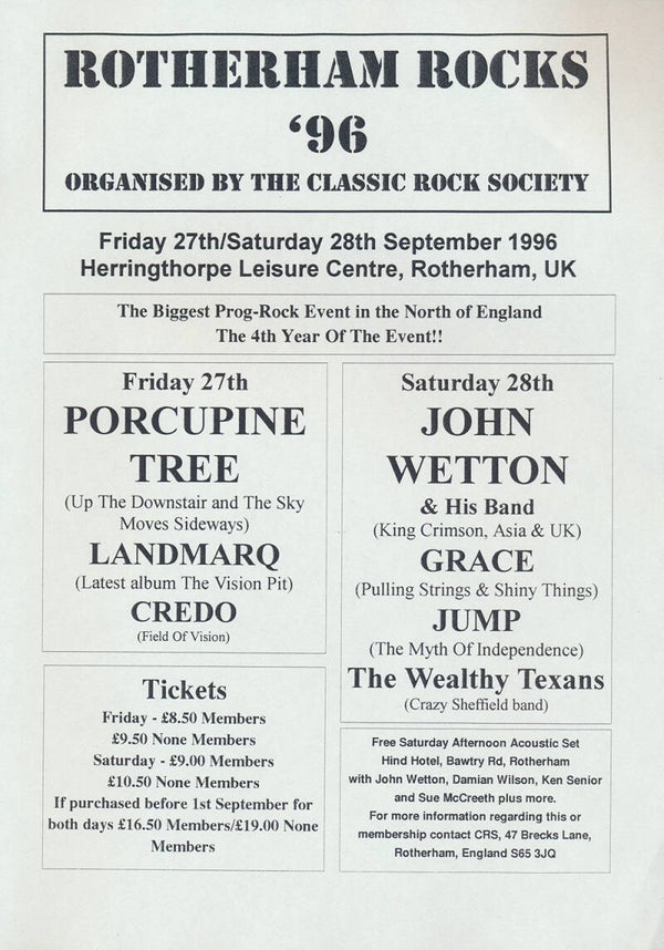 Porcupine Tree - Rotherham Rocks '96 [UK] - Handbill