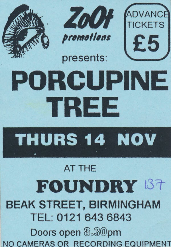 Porcupine Tree - Foundry, Birmingham, November 14, 1996 [UK] - Ticket Stub