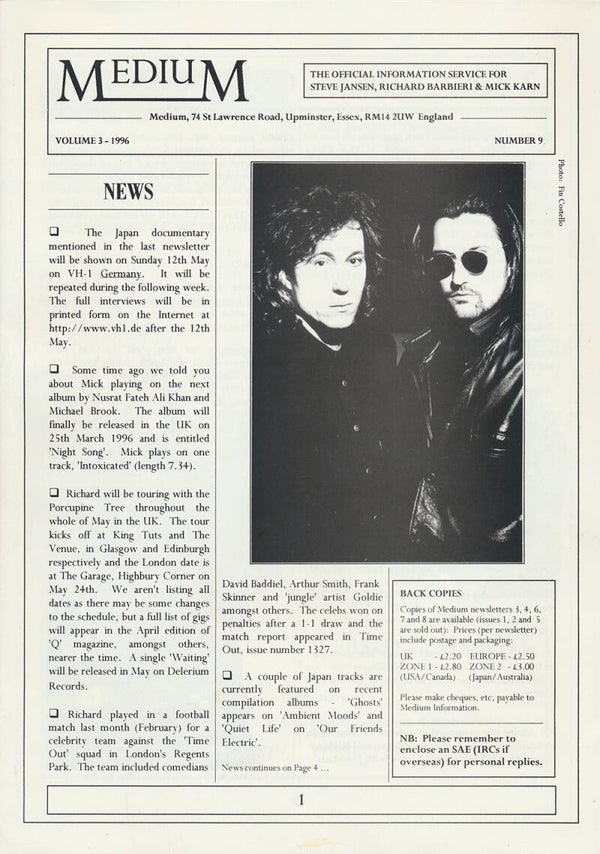 Porcupine Tree - Medium - Number 9 - 1996 [UK] - Newsletter
