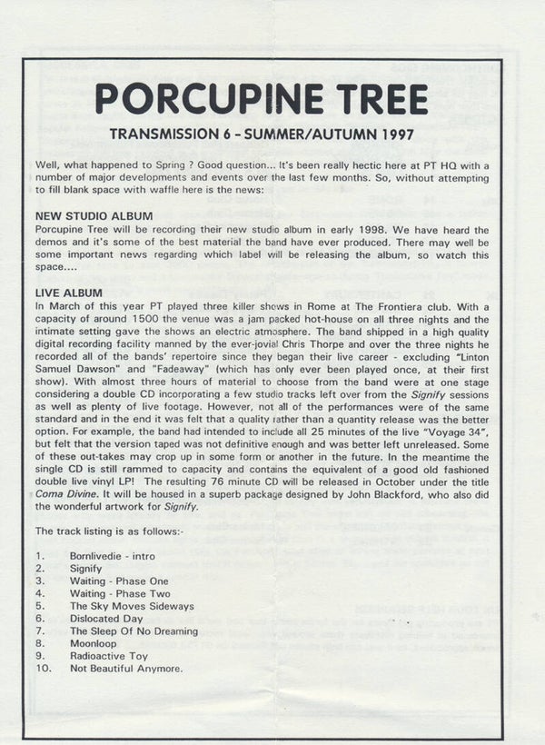 Porcupine Tree - Transmission issue 6 - Summer/Autumn 1997 [UK] - Magazine