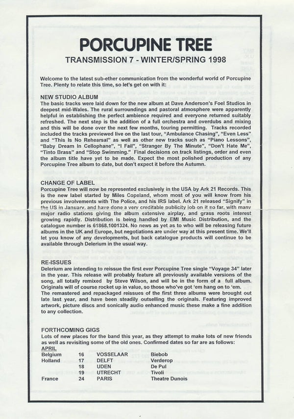 Porcupine Tree - Transmission issue 7 - Winter/Spring 1998 [UK] - Magazine