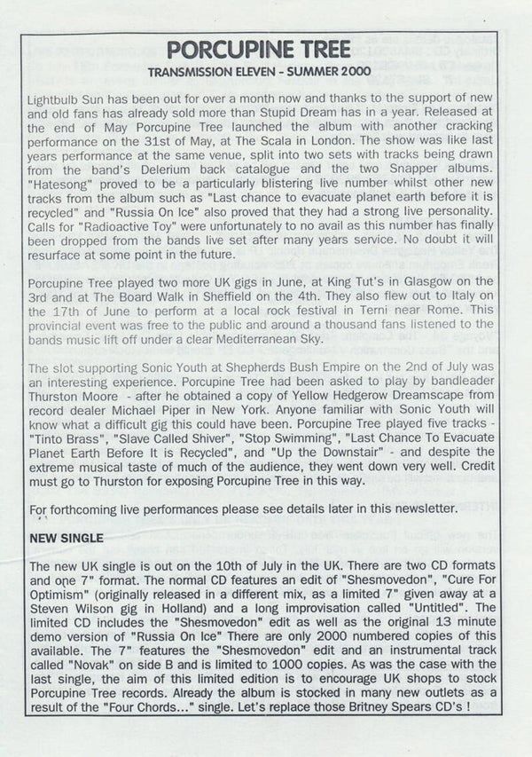 Porcupine Tree - Transmission issue 11 - Summer 2000 [UK] - Magazine