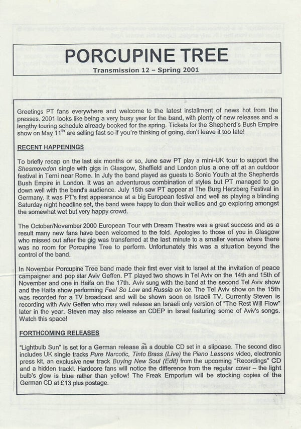 Porcupine Tree - Transmission issue 12 - Spring 2001 [UK] - Magazine