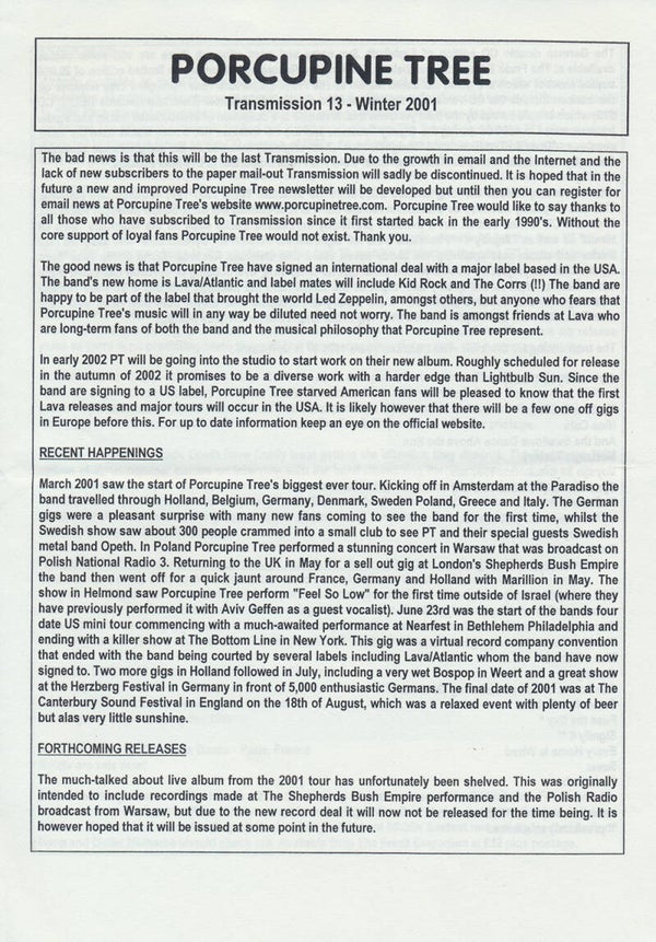 Porcupine Tree - Transmission issue 13 - Winter 2001 [UK] - Magazine