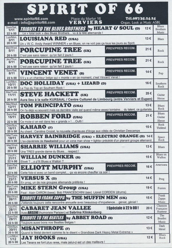 Porcupine Tree - Spirit Of 66, Verviers, November 5-6, 2003 [Belgium] - Handbill