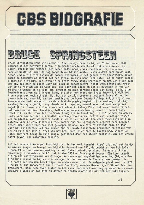Bruce Springsteen - September 1982 [Holland] - Press Kit + Photo