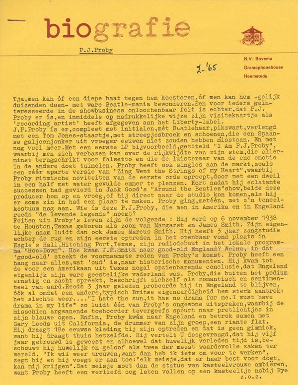 P.J. Proby - Biografie - 1965 [Holland] - Press Release