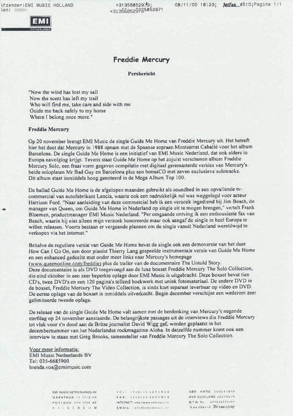 Queen - Freddie Mercury - Persbericht - 2000 [Holland] - Press Release