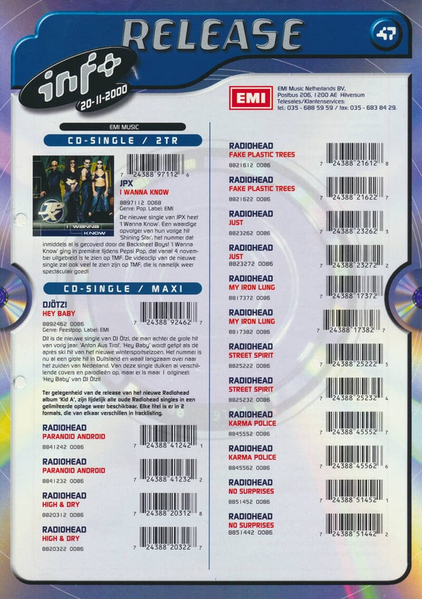 Radiohead - Release Info - 2000 [Holland] - Sales Sheet
