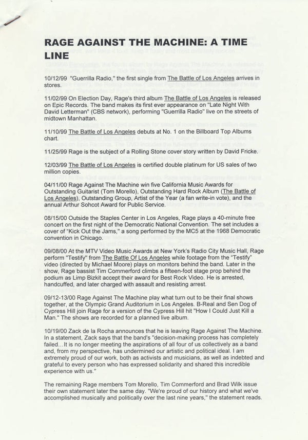 Rage Against The Machine - A Time Line - 2001 [Holland] - Press Release