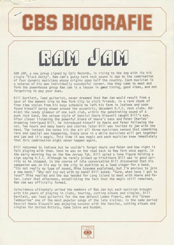 Ram Jam - CBS Biografie - 1977 [Holland] - Press Release