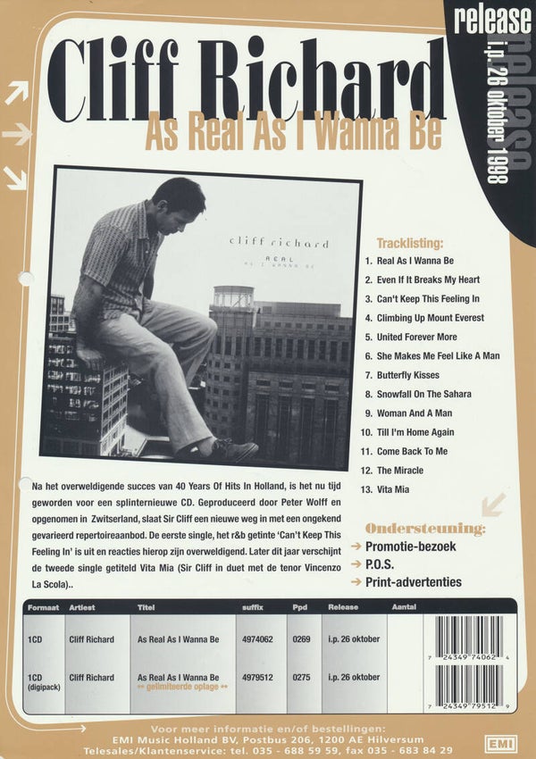 Cliff Richard - As Real As I Wanna Be - 1998 [Holland] - Sales Sheet
