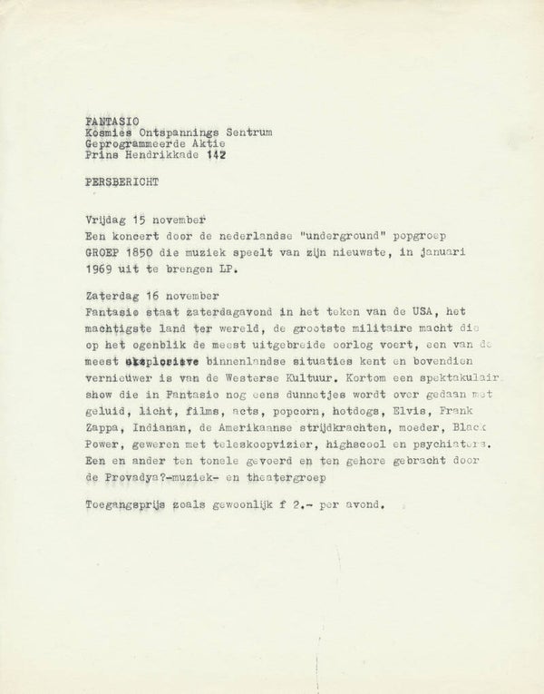 Group 1850 - Persbericht - Fantasio, Amsterdam, November 15, 1968 [Holland] - Press Release