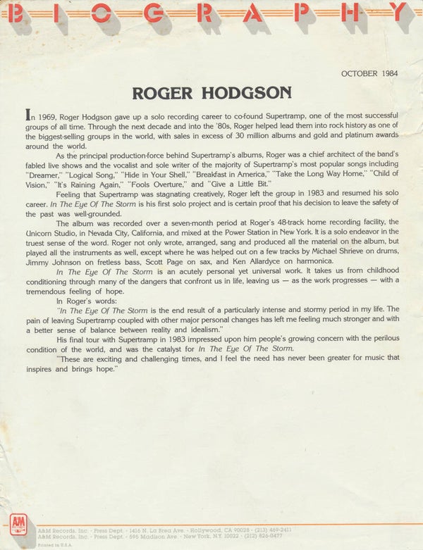 Roger Hodgson - Supertramp - Biography - October 1984 [USA] - Press Release