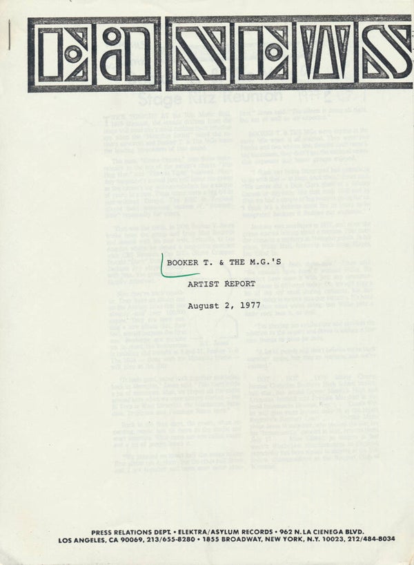 Booker T. & The M.G.'s - Artist Report - August 2, 1977 [USA] - Press Release