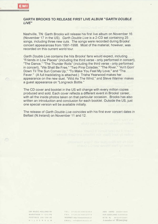 Garth Brooks - Garth Double Live - 1998 [Holland] - Press Release