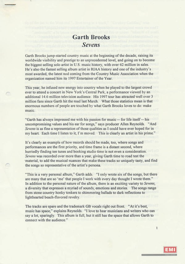Garth Brooks - Sevens - 1997 [Holland] - Press Release
