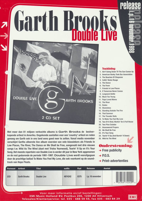 Garth Brooks - Garth Double Live - 1998 [Holland] - Sales Sheet