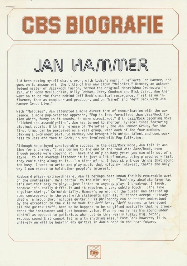 Jan Hammer - CBS Biografie - 1977 [Holland] - Press Release