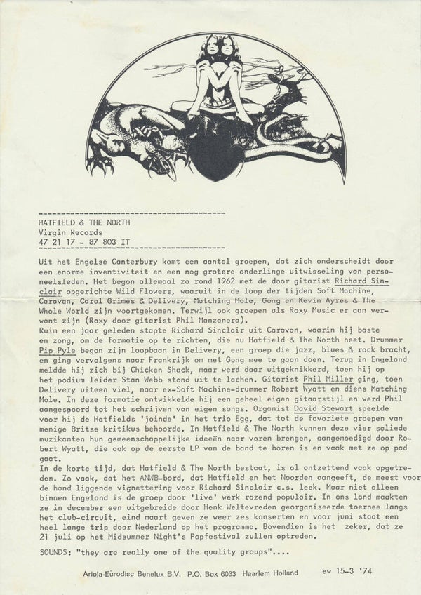 Hatfield and the North - March 15, 1974 [Holland] - Press Release